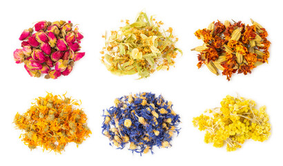 Assortment of dry herbal and berry tea isolated on a white background. Tea party concept. medicinal...