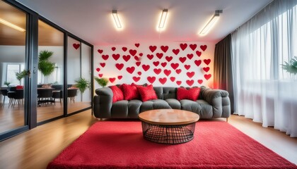 salón minimalista con alfombra tufting roja y negra, decoración reina de corazones, salón estilo 70s
