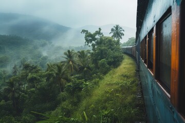 Rainy Journey: Train Amidst Sri Lankan Greenery