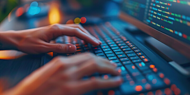 Unleashing their creative coding prowess: A programmer's deft hands weave intricate patterns on a keyboard, fashioning digital masterpieces.