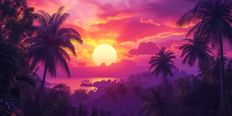 Fototapeta na wymiar Evening Glow in Paradise: Purple, Orange, and Pink Sunset with Palms