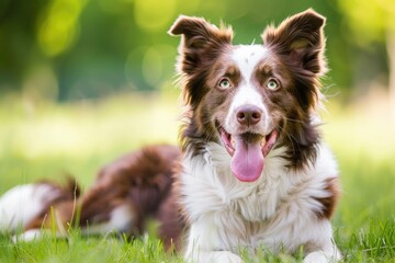 Dog Outside. Happy Border Collie Lying in Green Grass with Smiling Face and Tongue Out