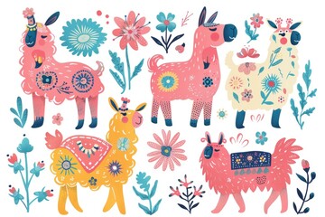Group of llamas grazing in a beautiful flower field. Perfect for nature and animal lovers