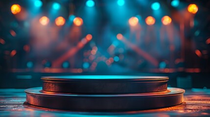 Podium for product presentation designed like a concert stage, The podium is illuminated by spotlights, blurred concert background