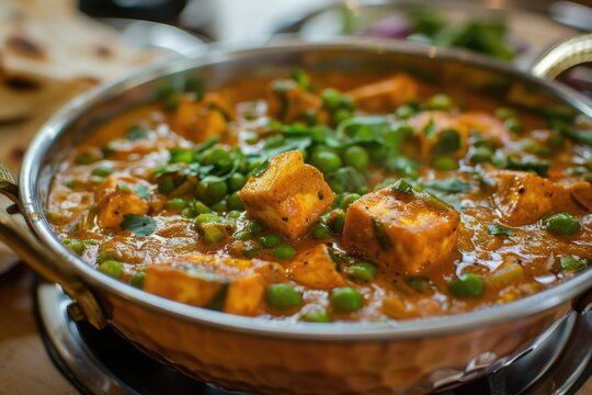 Mutter Paneer, Indian Dish Cottage cheese and Peas immersed in an Onion Tomato Gravy