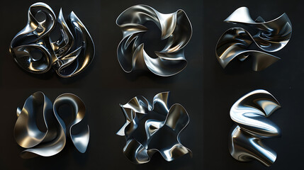 The image consists of nine distinct, glossy metallic shapes displayed against a dark background