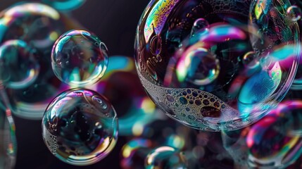 Naklejka premium A group of soap bubbles float atop a multi-colored cloth on a dark table surface