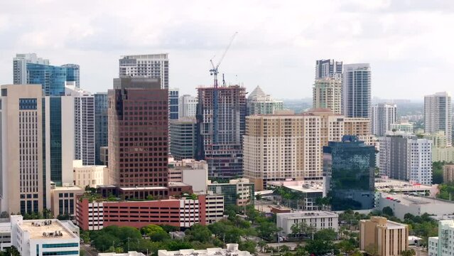 Aerial static b roll Downtown Fort Lauderdale Florida 4k blurred logos