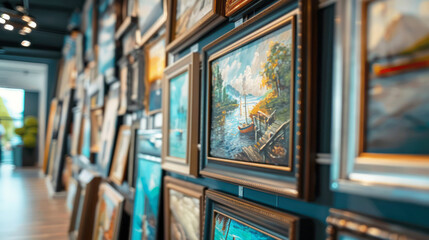 A room with a wall covered in various framed pictures
