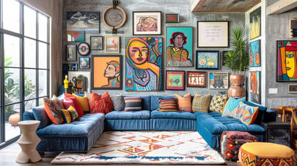 Blue couch and numerous pictures adorn the living room wall