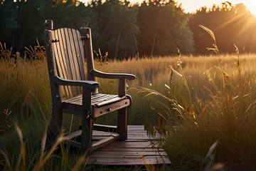 Chair in field. A stone portal reveals a chair on a wooden deck in a field of shimmering grasses with the sun rising or setting through the trees. Concept for story telling or an interview or just a p