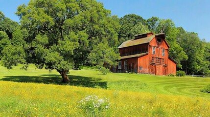 Obraz premium Red Barn in Field with Tree and Wildflowers