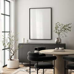 Frame mockup, ISO A paper size. Living room wall poster mockup. Interior mockup with house background. Modern interior design. 3D render
