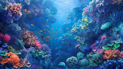 Naklejka na ściany i meble Dive into the depths of the ocean, where vibrant marine life and intricate coral formations inspire a symbol of resilience and regeneration in the realm of healthcare.
