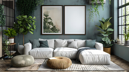 3D render Frame mockup ISO A paper size  Living room wall poster mockup. Interior mockup with house background. Modern interior design. 