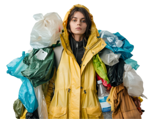 Climate change effects, Women with plastic dress on transparent background