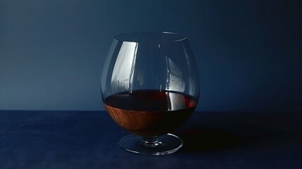   A red wine glass sits atop a table beside an open wine bottle and another glass of wine