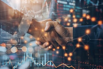 Two businessmen in a closeup shot shake hands over a detailed stock market chart, symbolizing a financial agreement