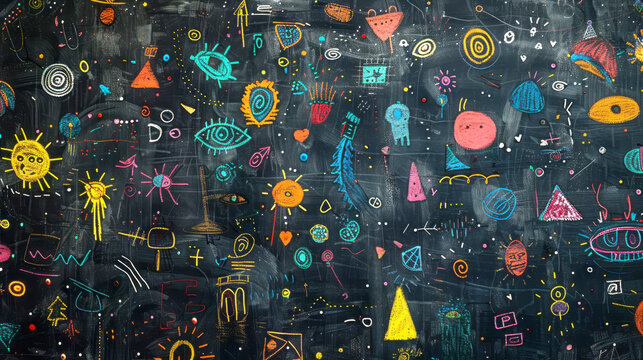 A blackboard filled with various artistic and educational drawings, showcasing a range of subjects and styles - Powered by Adobe