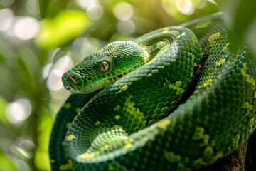 An emerald green snake tightly coils itself around a tree branch, showcasing its vibrant scales and sinuous body