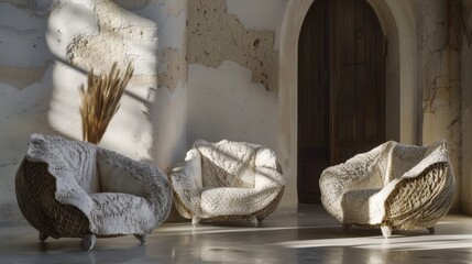 Chairs with woven fibers, textures and detail of a few resistant materials and hard