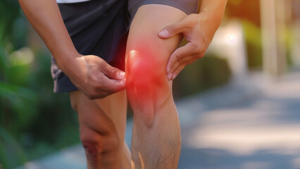 Person Suffering from Knee Pain with Red Inflammation Highlighted During Outdoor Fitness Activity