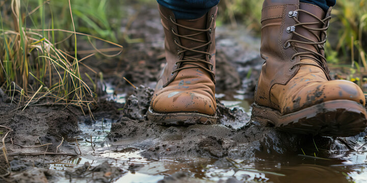 A pair of worn brown leather boots trudge through a muddy field, the owner's determination clear on their weathered surface.