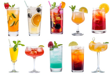 Set of cocktails drinks or fresh juice on transparent background