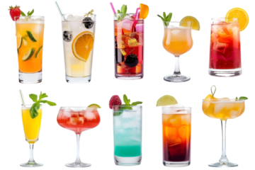 Set of cocktails drinks or fresh juice on transparent background