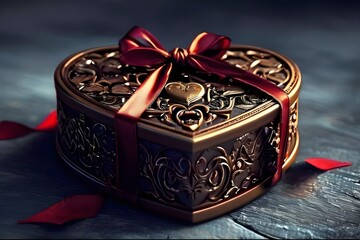 A bronze heart-shaped box with a red ribbon sits on a wooden surface. - Powered by Adobe