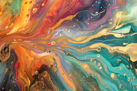 abstract liquid fluid painting, swirling colors, golden particles, teal, orange, red, yellow and purple, artistic wallpaper, closeup, photorealistic // ai-generated 