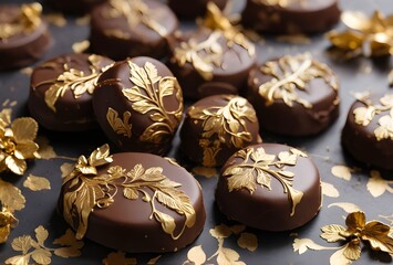 a table with a pile of chocolate candies, some of which are covered in gold foil and have gold decorations on them. The candies are scattered across the table and are surrounded by golden leaves.