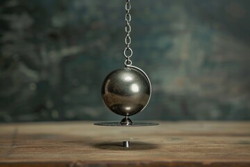 Metal object hanging from a chain on a table, suitable for industrial and vintage themes