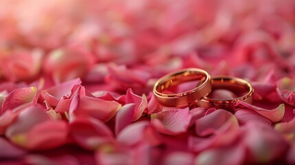 Creative love concept. Pink red rose petals stalks with pair of gold wedding ring band. soft background. 
