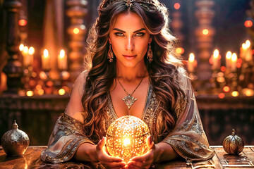 A beautiful mysterious fortune teller with piercing eyes predicts fate on a magic ball