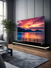 Smart tv in modern living room interior design with neon lights.