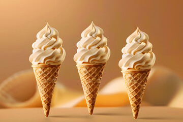 Three vanilla soft serve ice cream cones against a warm background
