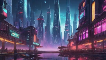 Obraz premium A futuristic cyberpunk cityscape with neon lights and towering skyscrapers for a sci-fi RPG. 