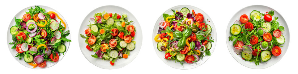 Raw vegetables salad on plates, cut out, isolated on transparent background, top view.