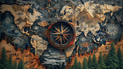Fototapeta premium Vector art of a compass rose embedded in a weathered map, surrounded by symbols of mountains, rivers, and forests. 