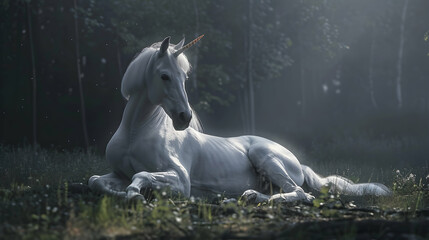 Isolated lying white horse unicorn - Generative AI PHOTOGRAPHY


