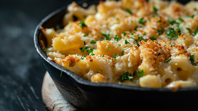 A bowl of creamy mac and cheese topped with breadcrumbs and parsley, served in a cast iron skillet, black background, studio lighting, depth of field, photorealisticClose-up