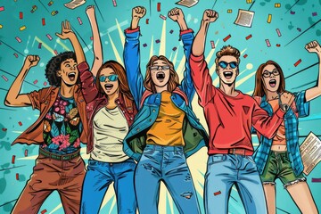 Naklejka premium A group of young people celebrating with hands in the air. Suitable for party and celebration concepts