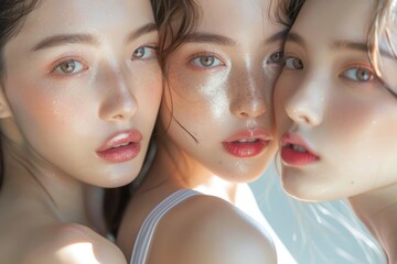 Three Japanese models with flawless skin posing for a picture in a beauty clinic setting