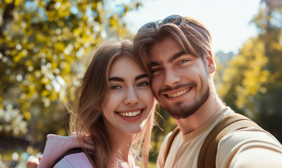 Fototapeta premium A young couple takes a selfie in nature. Romantic portrait against the backdrop of autumn nature