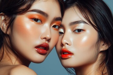 Closeup of two Asian women with vibrant orange makeup accentuating their features