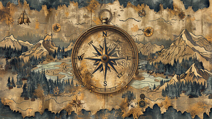 Fototapeta premium Vector art of a compass rose embedded in a weathered map, surrounded by symbols of mountains, rivers, and forests. 