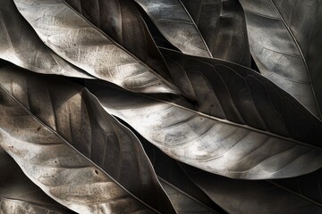 Detailed close-up of a metal leaf, showcasing intricate patterns and textures formed by overlapping leaves