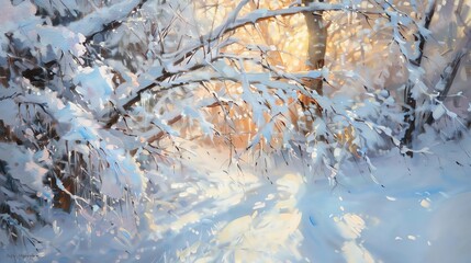 Snowcovered tree branches with sunlight filtering through, dreamy, impressionistic, soft pastels, emphasizing the gentle beauty of winter light and textures