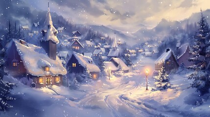 Snowcovered village with warm lights, nostalgic, watercolor, soft colors, capturing the cozy and picturesque winter scene